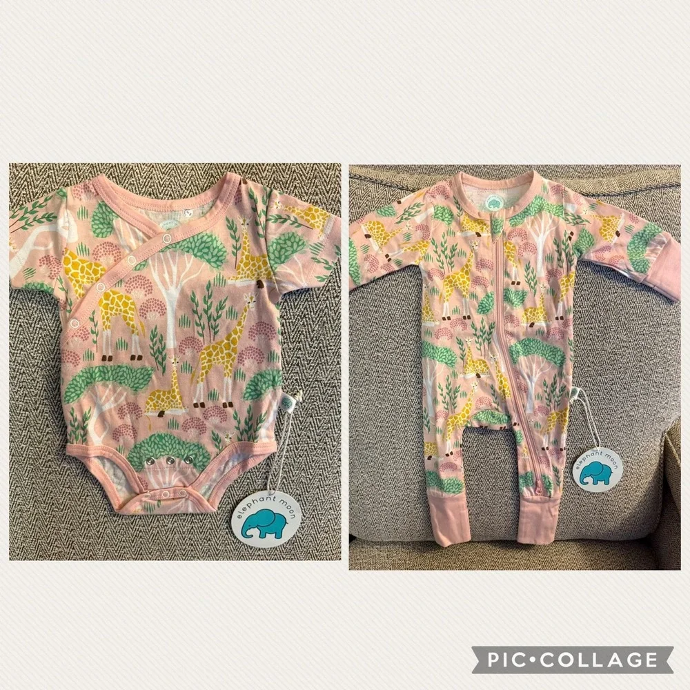 NWT Elephant Moon giraffe safari sleeper and bodysuit pink